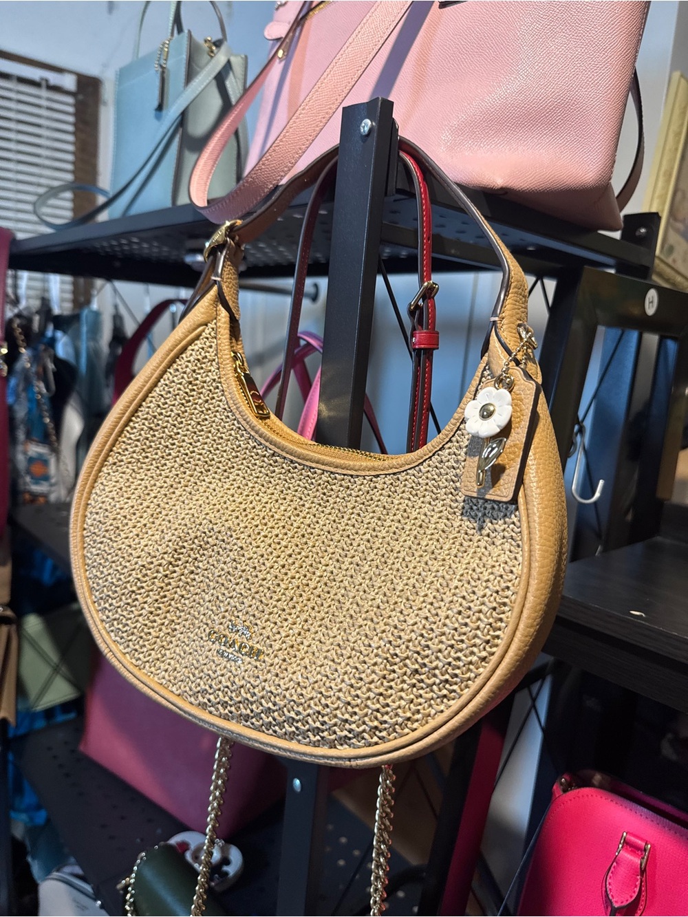 Coach Emily 2026 Woven Shoulder Bag Convert Crossbody w/ Coach Flower Charm